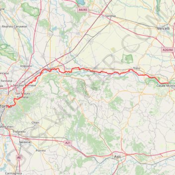 Itinéraire Torino-Casale, distance, dénivelé, altitude, carte, profil, trace GPS