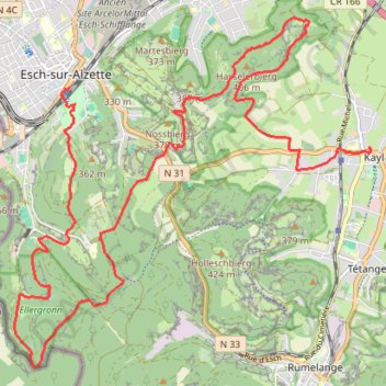 Itinéraire Terres Rouges entre Esch-sur-Alzette et Kayl, distance, dénivelé, altitude, carte, profil, trace GPS