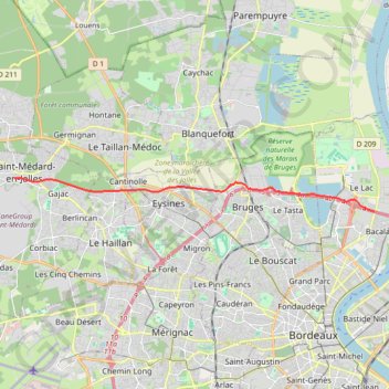 Itinéraire Piste cyclable Bordeaux - Lacanau, distance, dénivelé, altitude, carte, profil, trace GPS