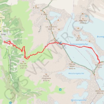 Itinéraire Zinal-Bishorn, distance, dénivelé, altitude, carte, profil, trace GPS