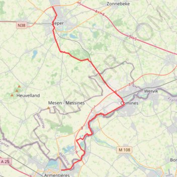 Itinéraire Armentières-Ypres, distance, dénivelé, altitude, carte, profil, trace GPS