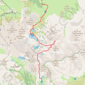 Itinéraire Pic de Montarrouye et Refuge de Bastan depuis le lacet du Garet, distance, dénivelé, altitude, carte, profil, trace GPS