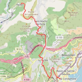 Itinéraire Peillon - Monaco (Via Alpina), distance, dénivelé, altitude, carte, profil, trace GPS