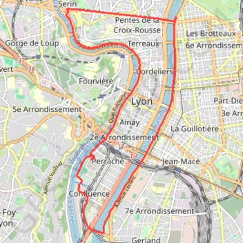 Itinéraire Lyon - Perrache - Croix Rousse - Confluence, distance, dénivelé, altitude, carte, profil, trace GPS