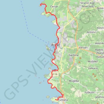 Itinéraire Funtana - Cervar - Funtana, distance, dénivelé, altitude, carte, profil, trace GPS