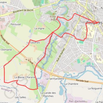 Itinéraire Fougères, distance, dénivelé, altitude, carte, profil, trace GPS