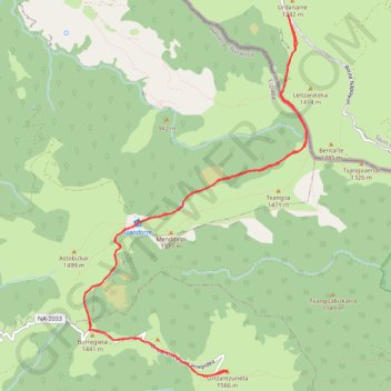 Itinéraire ORTZANZURIETA depuis la Croix d'Urdanarre (Thibault), distance, dénivelé, altitude, carte, profil, trace GPS