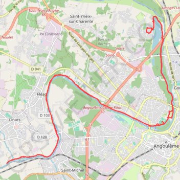 Itinéraire Etang St Yriex coulée verte écluse Fleurac 31 kms, distance, dénivelé, altitude, carte, profil, trace GPS