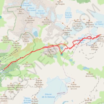 Itinéraire Grande Casse par les Grands Couloirs, distance, dénivelé, altitude, carte, profil, trace GPS