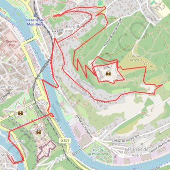 Itinéraire Fort de Bregille - Besançon, distance, dénivelé, altitude, carte, profil, trace GPS
