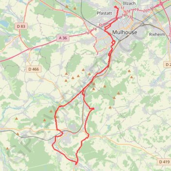 Itinéraire Mulhouse - Tagolsheim - Hirsingue - Heiteren - Mulhouse, distance, dénivelé, altitude, carte, profil, trace GPS