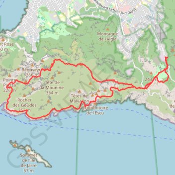 Itinéraire Marseilleveyre avec retour par les Calanques, distance, dénivelé, altitude, carte, profil, trace GPS