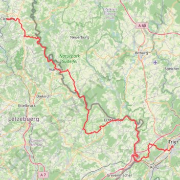 Itinéraire Clervaux naar Trier (Track), distance, dénivelé, altitude, carte, profil, trace GPS