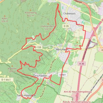 Itinéraire Orsch-Gloriette-Wick-Forêt-St Hip 22,58 km D+ 400 m, distance, dénivelé, altitude, carte, profil, trace GPS