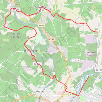 Itinéraire cognac_Circuit+decouverte+23km, distance, dénivelé, altitude, carte, profil, trace GPS
