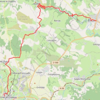 Itinéraire Onet-le-Château - Rodelle - Bozouls, distance, dénivelé, altitude, carte, profil, trace GPS