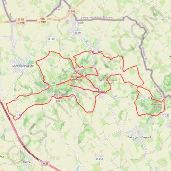 Itinéraire Mont des Cats - Mont Noir - Boeschepe, distance, dénivelé, altitude, carte, profil, trace GPS