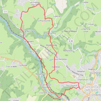 Itinéraire Loopi_StLeonardDeNoblat_EntreVienneEtTard, distance, dénivelé, altitude, carte, profil, trace GPS