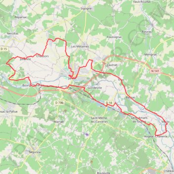 Itinéraire Autour de Jarnac 48 kms, distance, dénivelé, altitude, carte, profil, trace GPS
