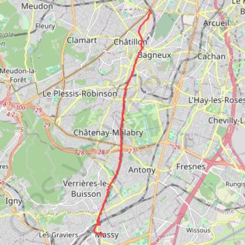 Itinéraire Chemin de Compostelle. Coulée Verte jusqu'à Massy, distance, dénivelé, altitude, carte, profil, trace GPS