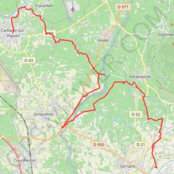 Itinéraire Loriol - Canal - Carpentras - Camaret - Aigues, distance, dénivelé, altitude, carte, profil, trace GPS