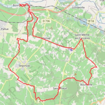 Itinéraire Bourg Charente vers St Preuil tour de Charente VTT retour par chemin Boisné 42 kms, distance, dénivelé, altitude, carte, profil, trace GPS