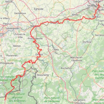 Itinéraire Compostelle - Belgique - Via Mosana + Monastica (Liège-Namur-Rocroi), distance, dénivelé, altitude, carte, profil, trace GPS