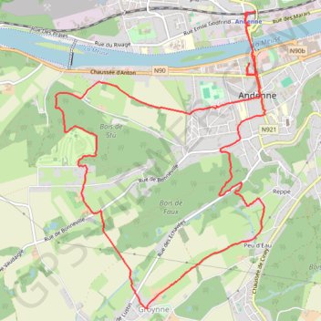 Itinéraire Boucle entre Andenne et Groynne, distance, dénivelé, altitude, carte, profil, trace GPS