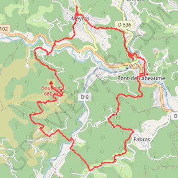 Itinéraire Pont de labeaume, meyras, neyrac, fabras, distance, dénivelé, altitude, carte, profil, trace GPS