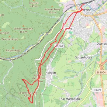 Itinéraire Saverne - Grotte-et-Tour-du-Brotsch - Haut-Barr, distance, dénivelé, altitude, carte, profil, trace GPS