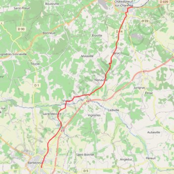 Itinéraire Châteauneuf-sur-Charente - Birac - Barbezieux-Saint-Hilaire, distance, dénivelé, altitude, carte, profil, trace GPS