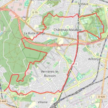 Itinéraire D'Igny au Parc de Sceaux par la forêt de Verrières-le-Buisson, la Vallée-aux-Loups et la Coulée Verte, distance, dénivelé, altitude, carte, profil, trace GPS