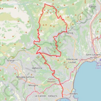 Itinéraire Juan-les-Pins - Le Rourret - Col de Vence, distance, dénivelé, altitude, carte, profil, trace GPS