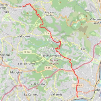 Itinéraire Juan-les-Pins - Le Rourret par la piste, distance, dénivelé, altitude, carte, profil, trace GPS