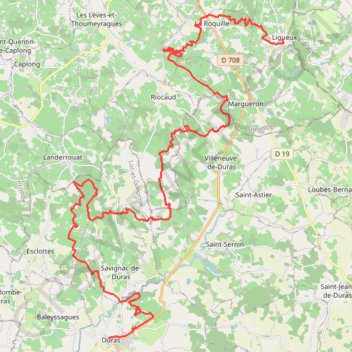Itinéraire Duras, distance, dénivelé, altitude, carte, profil, trace GPS