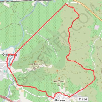 Itinéraire Grand circuit éoliennes - Ornaisons - Bizanet, distance, dénivelé, altitude, carte, profil, trace GPS