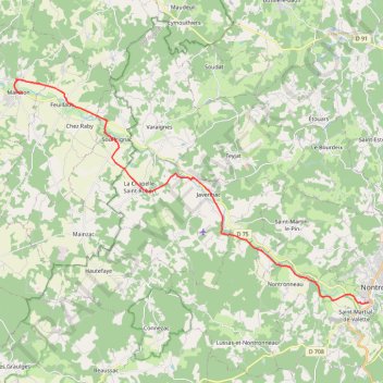 Itinéraire Nontron vers Marthon 25 Flow vélo, distance, dénivelé, altitude, carte, profil, trace GPS