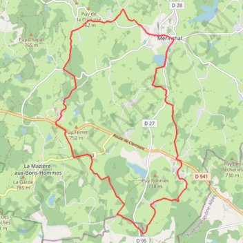 Itinéraire Merinchal Gros Bois (Source du Cher) Fiche rando 19 km, distance, dénivelé, altitude, carte, profil, trace GPS