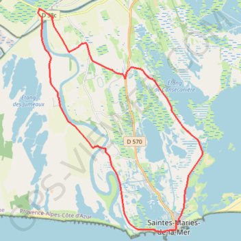 Itinéraire Entre le bac du Sauvage et Cacharel - Les Saintes-Maries-de-la-Mer, distance, dénivelé, altitude, carte, profil, trace GPS