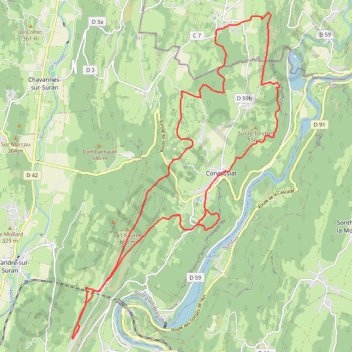 Itinéraire Marsonnas simplifié belvédère sur l'Ain, distance, dénivelé, altitude, carte, profil, trace GPS