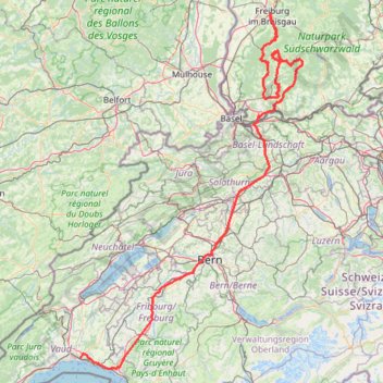 Itinéraire Lausanne - Freiburg D1, distance, dénivelé, altitude, carte, profil, trace GPS