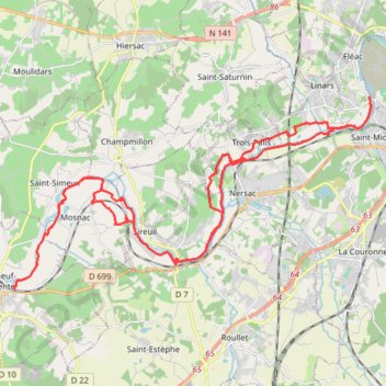 Itinéraire Chateauneuf /Charente vers St Michel 44.kms, distance, dénivelé, altitude, carte, profil, trace GPS