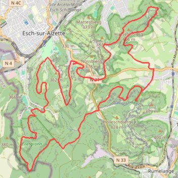 Itinéraire Esch-sur-Alzette, distance, dénivelé, altitude, carte, profil, trace GPS
