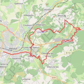 Itinéraire Quincey Sabot Montcey Dampvalley Colombe Noidans, distance, dénivelé, altitude, carte, profil, trace GPS