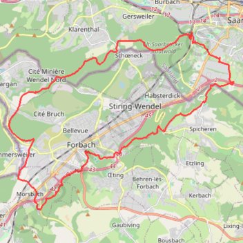 Itinéraire Boucle Forbach Sarrebruck et retour par Gersweiler, distance, dénivelé, altitude, carte, profil, trace GPS