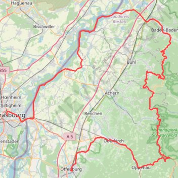 Itinéraire Offenbourg à Strasbourg, distance, dénivelé, altitude, carte, profil, trace GPS
