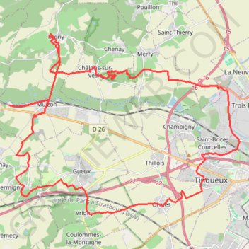 Itinéraire Châlons sur Vesle - Vrigny, distance, dénivelé, altitude, carte, profil, trace GPS