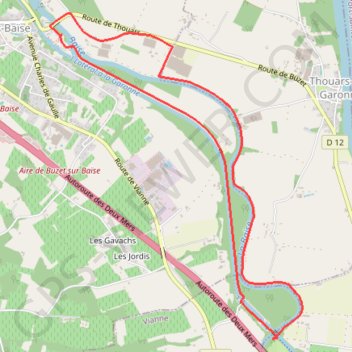 Itinéraire 2011BuzetBaiseCanal2009, distance, dénivelé, altitude, carte, profil, trace GPS