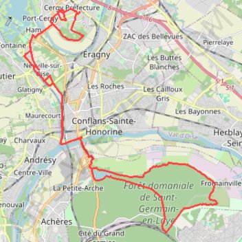 Itinéraire Cergy - Conflans - Forêt de Saint-Germain - Cergy, distance, dénivelé, altitude, carte, profil, trace GPS