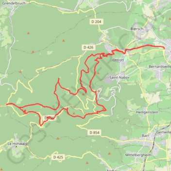 Itinéraire Obernai - Kagenfels - Kreutzweeg - Welschbruch - Breitmatt - Bloos - Sainte-Odile, distance, dénivelé, altitude, carte, profil, trace GPS